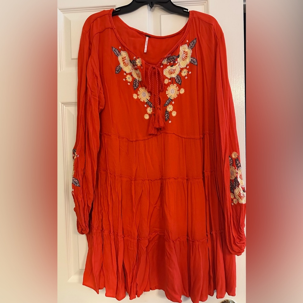 Free People Red Floral Embroidered Tunic Style Dress
